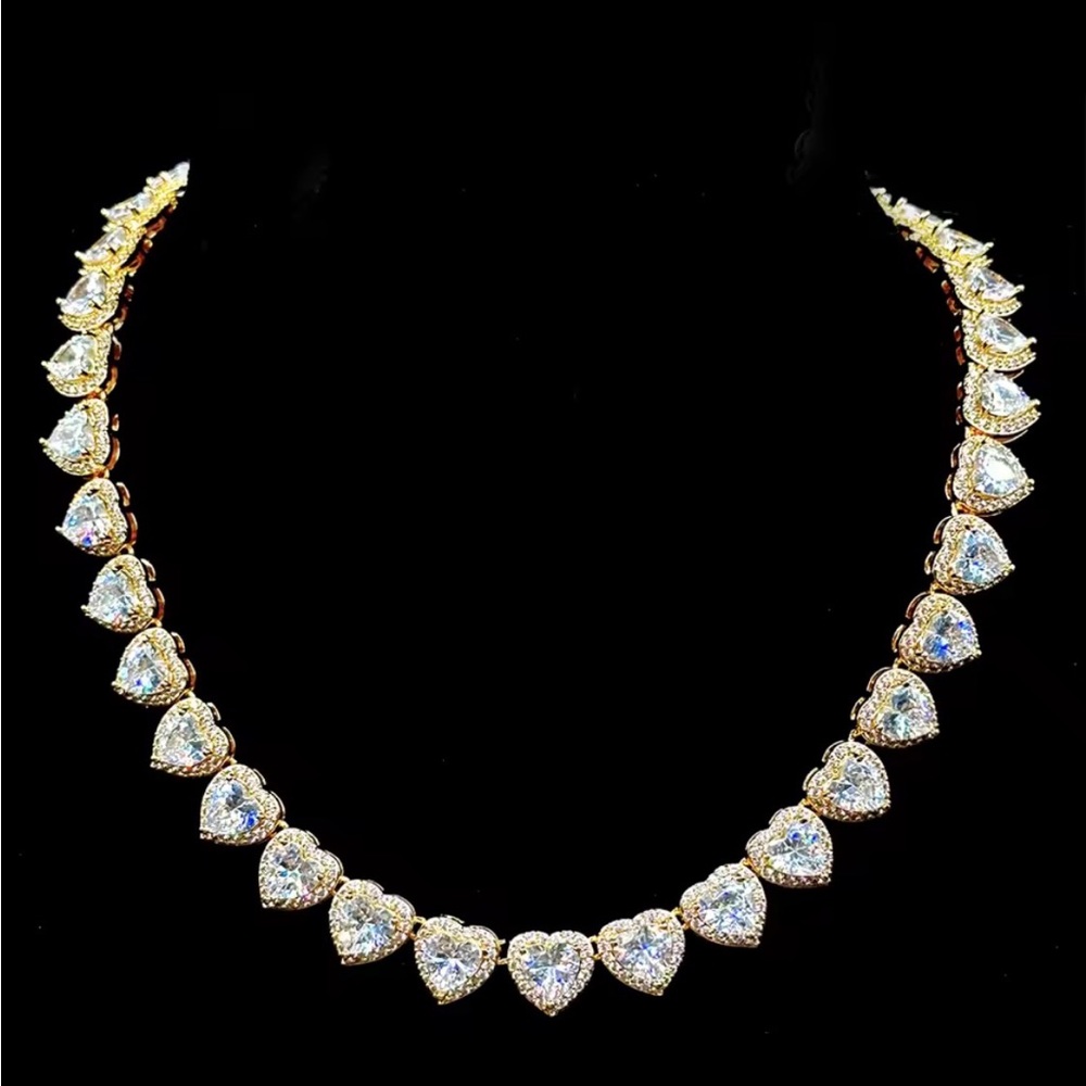 Gold Heart Tennis Necklace with Clear Stones - Women Jewelry 16inch